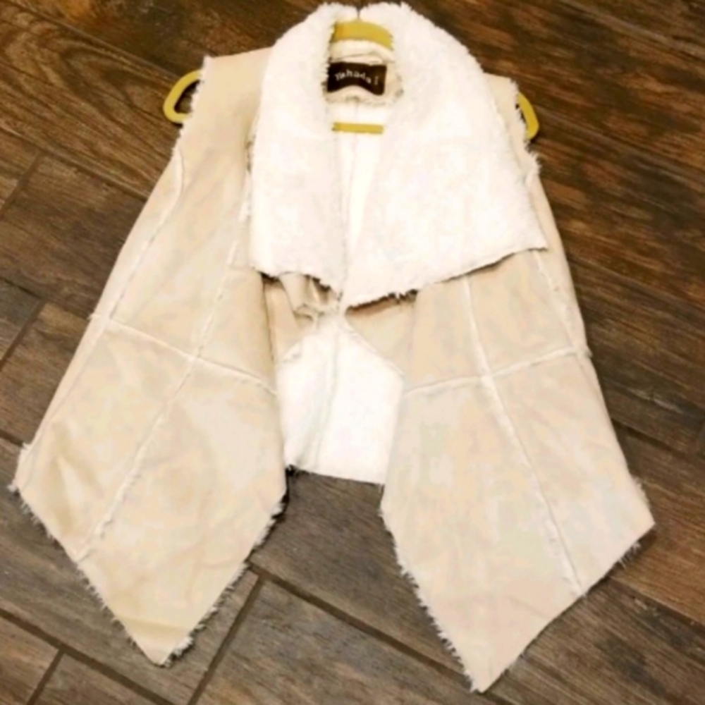 Yahada Tan Faux Suede-Shearling Waterfall Vest w/ Pockets (Womens Small)